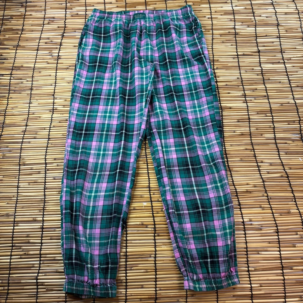 Victorias Secret Plaid Pajama Joggers Green Pink Gold Metallic Lurex XS Womens